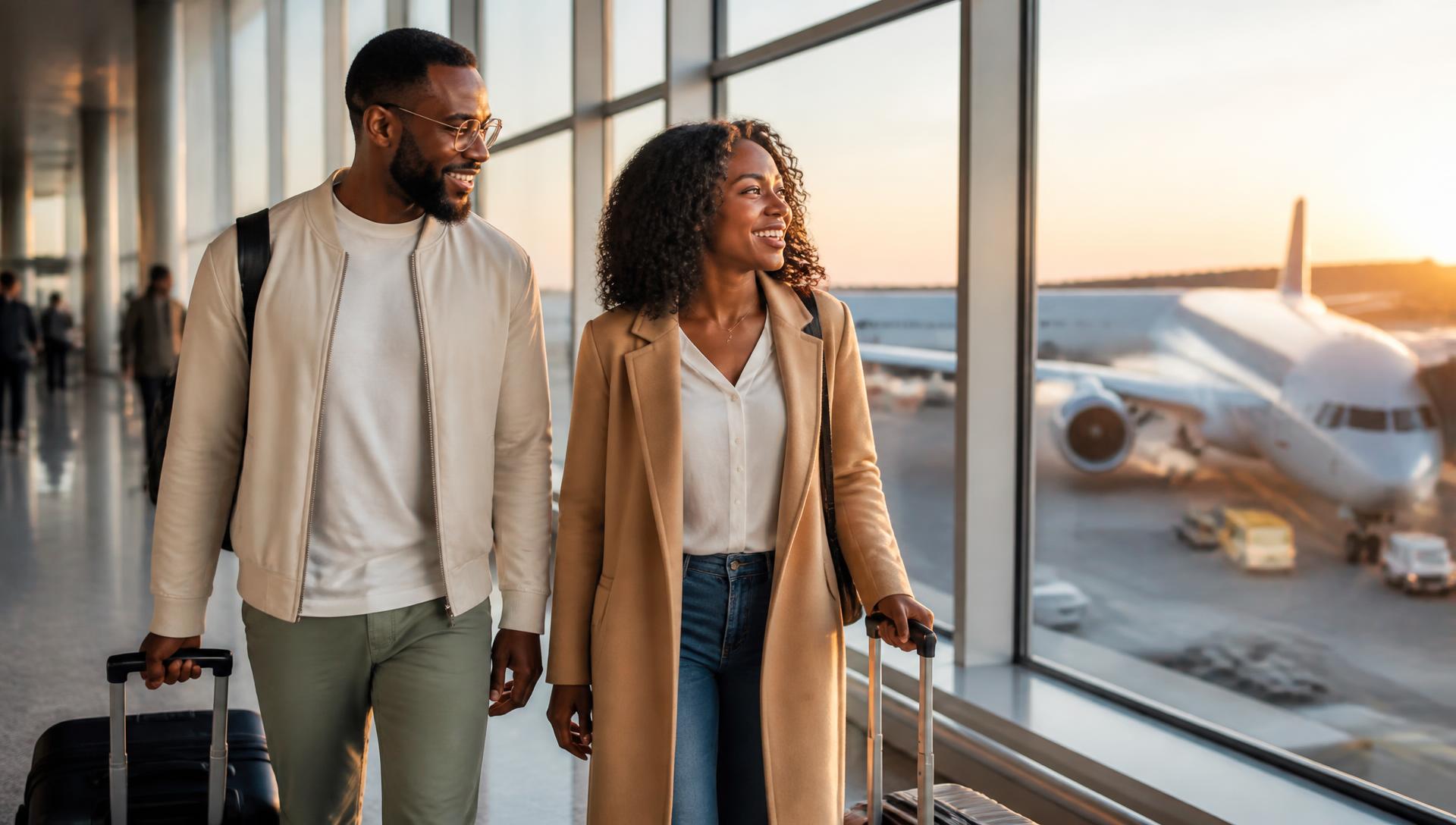 Travellers walking through an airport terminal at sunset